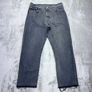 Levis 501 Jeans Gray Black Denim Button Fly Straight Leg Distressed Sz 29‎ Retro